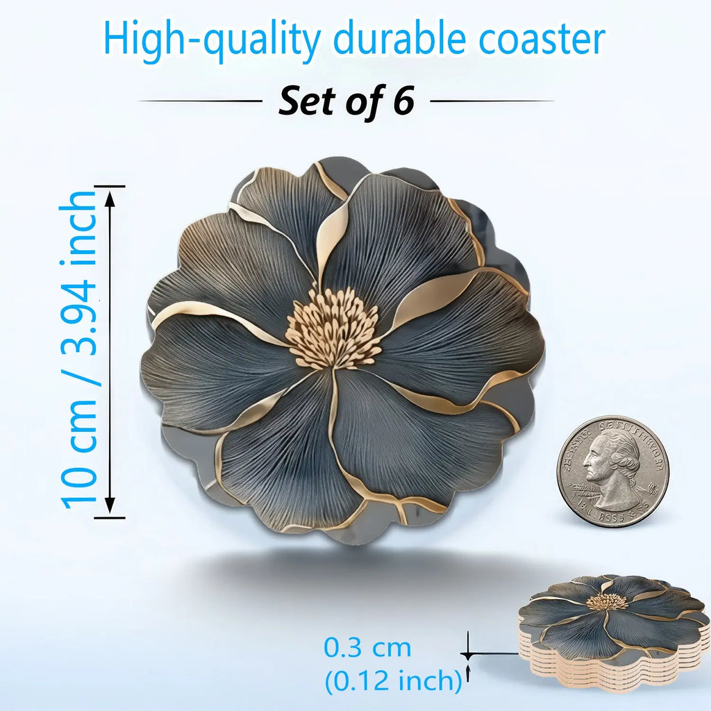 6PCS Minimalist Grey Flower Petal Wood Coasters Set – 4 Inch Round Non-Slip Heat Resistant Wooden Coasters for Drinks for Coffee Table & Shelf Decor – Modern Farmhouse Kitchen Dining Accent Tableware – Reclaimed Wood Home Decor