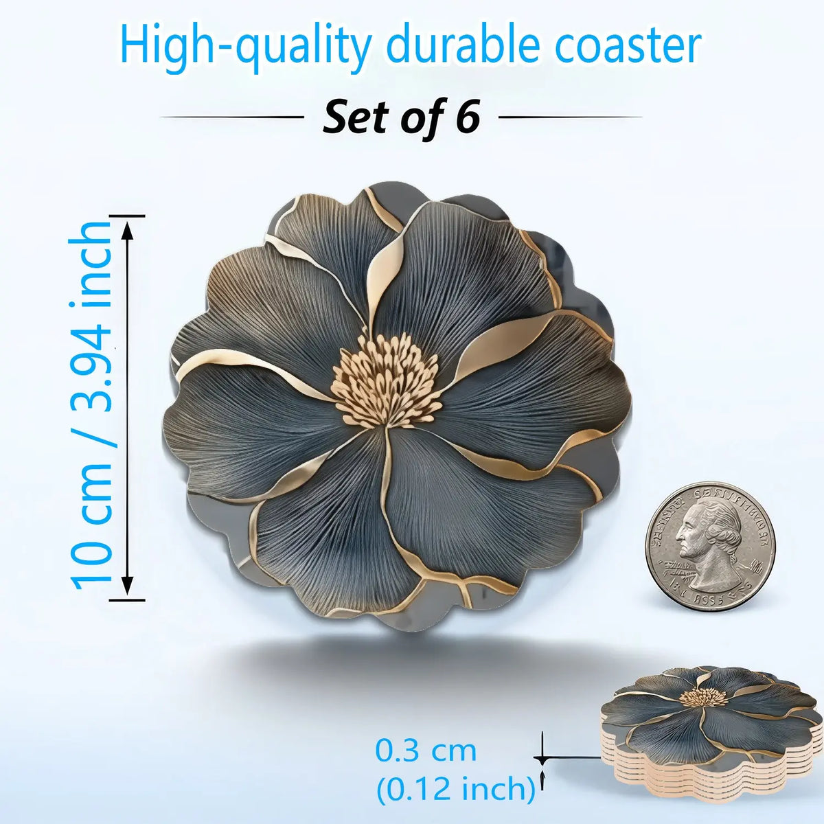 6PCS Minimalist Grey Flower Petal Wood Coasters Set – 4 Inch Round Non-Slip Heat Resistant Wooden Coasters for Drinks for Coffee Table & Shelf Decor – Modern Farmhouse Kitchen Dining Accent Tableware – Reclaimed Wood Home Decor