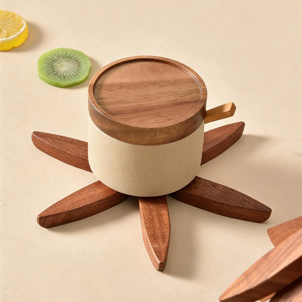 Natural Bamboo Wooden Foldable Trivet Set - 4 Tree Shape Trivets + 1 Stand, Heat Resistant Tableware Coasters for Hot Dishes & Pots, Holiday Gift Kitchenware, Set Includes Unfolded Size Details