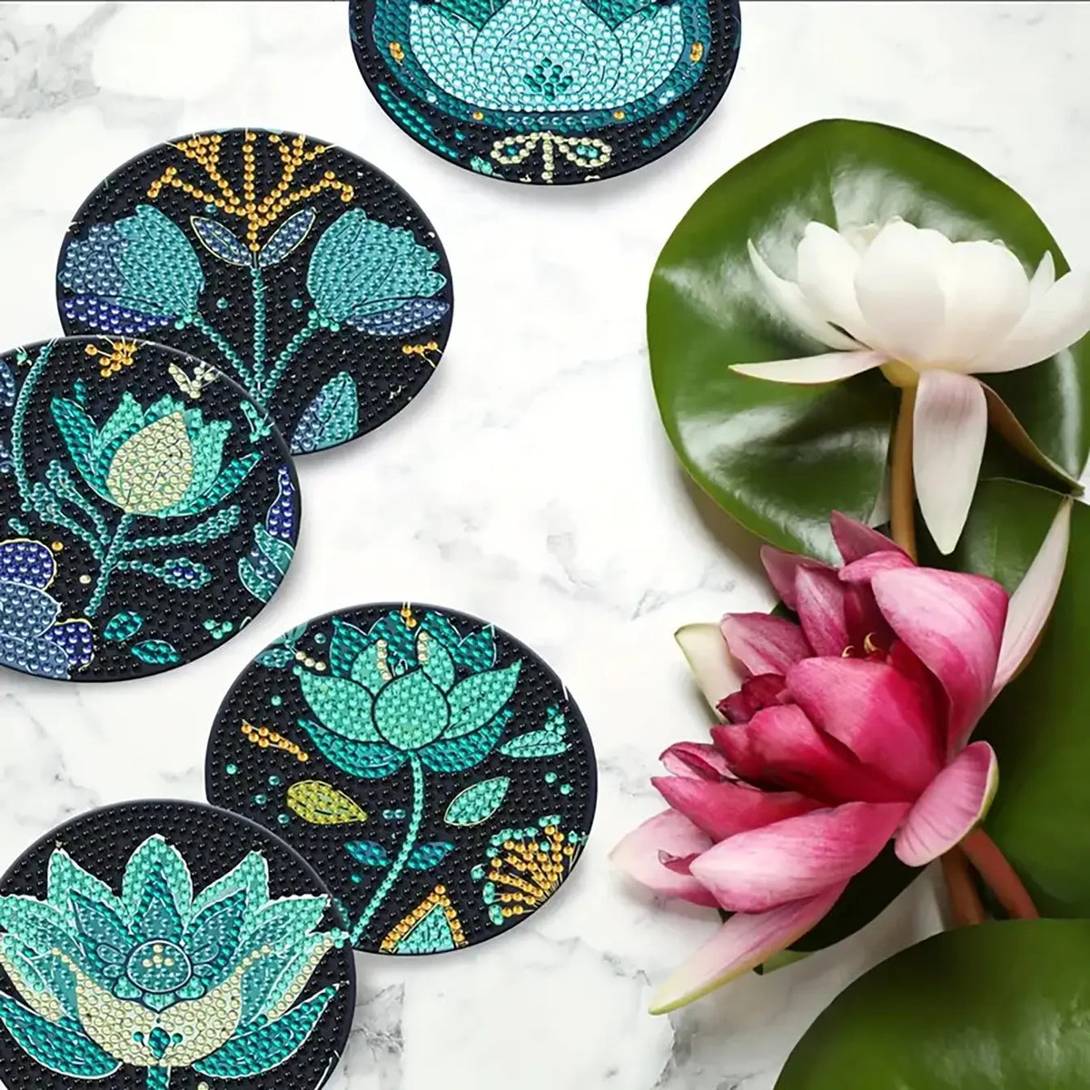 8-Piece Diamond Painted Decorative Coaster Set Lotus Pattern (with Stand), Diamond Painting Coasters, DIY Diamond Art Craft Kit for Beginners, Home Decor Gift