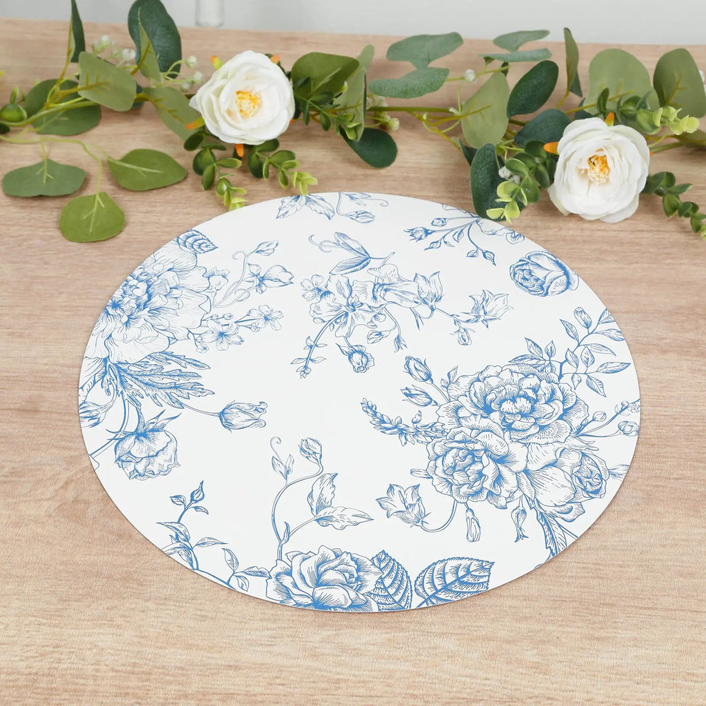 10-Pack Disposable Cardboard Placemats - French Toile Print, 13in Matte White/Blue, Disposable Coasters Included for Banquets, Home Dinners, Wedding Events