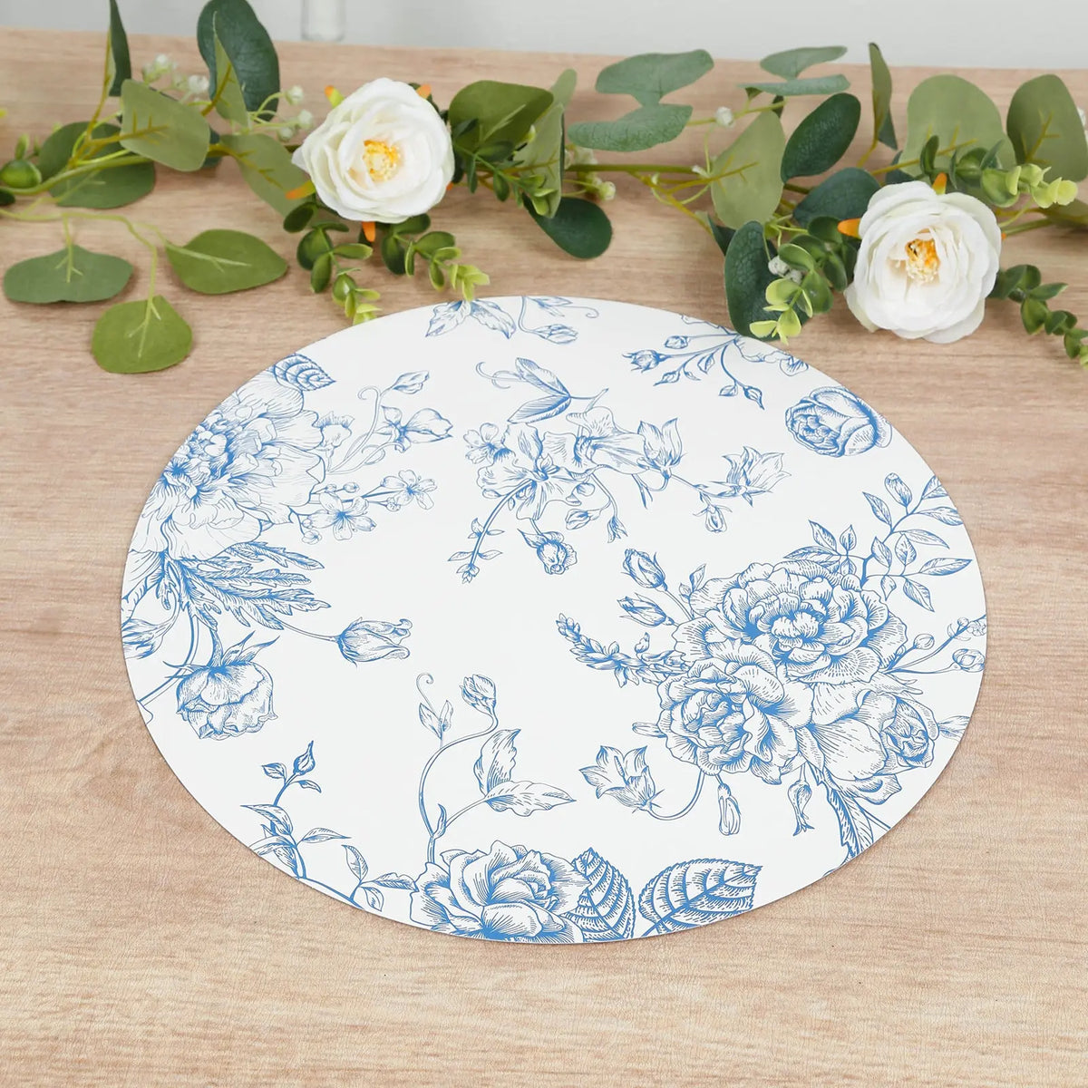 10-Pack Disposable Cardboard Placemats - French Toile Print, 13in Matte White/Blue, Disposable Coasters Included for Banquets, Home Dinners, Wedding Events