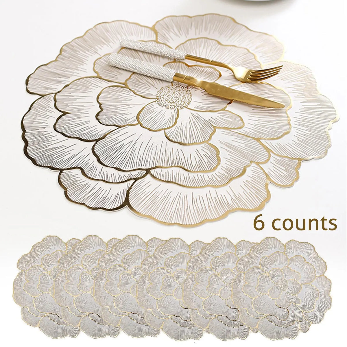 Floral Pattern Placemats, 6 Counts/set Heat-Resistant Non-Slip Dinner Table Mats, Kitchen Decorative Placemat, Kitchen Gadgets, Waterproof Placemat for Home Kitchen, Dining Room or Wedding Party, Valentine's Day Gift, Household Placemat