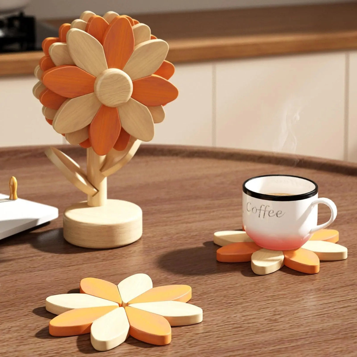 Wooden Style Flower Shape Heat Resistant Trivet Mat, Decorative Foldable Pot Holder Pad, Multi-Use Kitchen Coaster, Hot Dish Coasters, Wood Coasters, Unique Housewarming Gift