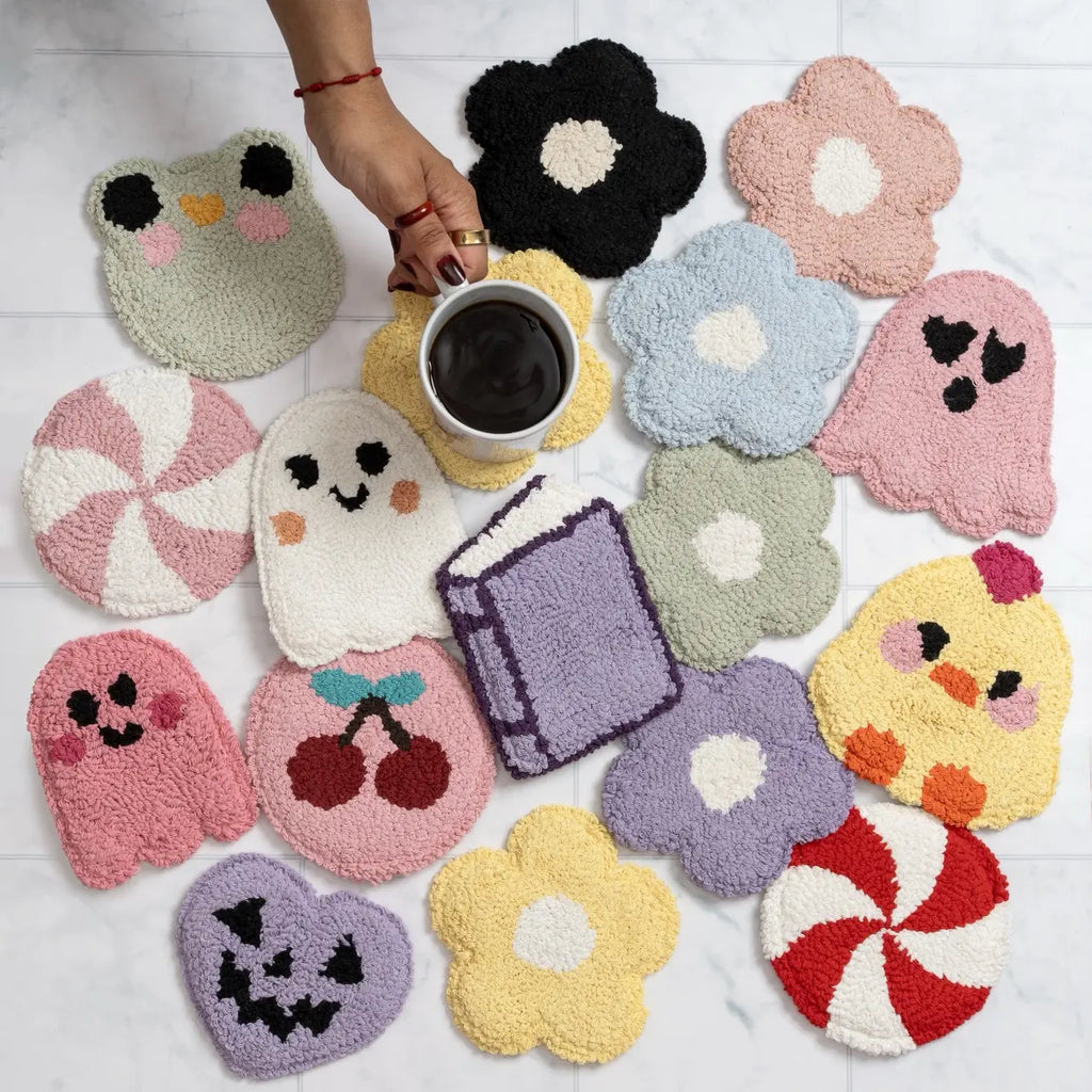 SIP-SIP HOORAY! Thick Cute Round Mug Rug Coasters for Drinks - Retro Blush Pink Daisy, Animals, Ghost, Pumpkin & Halloween Styles Kitchen Tableware with Heart Accents for Nightstand