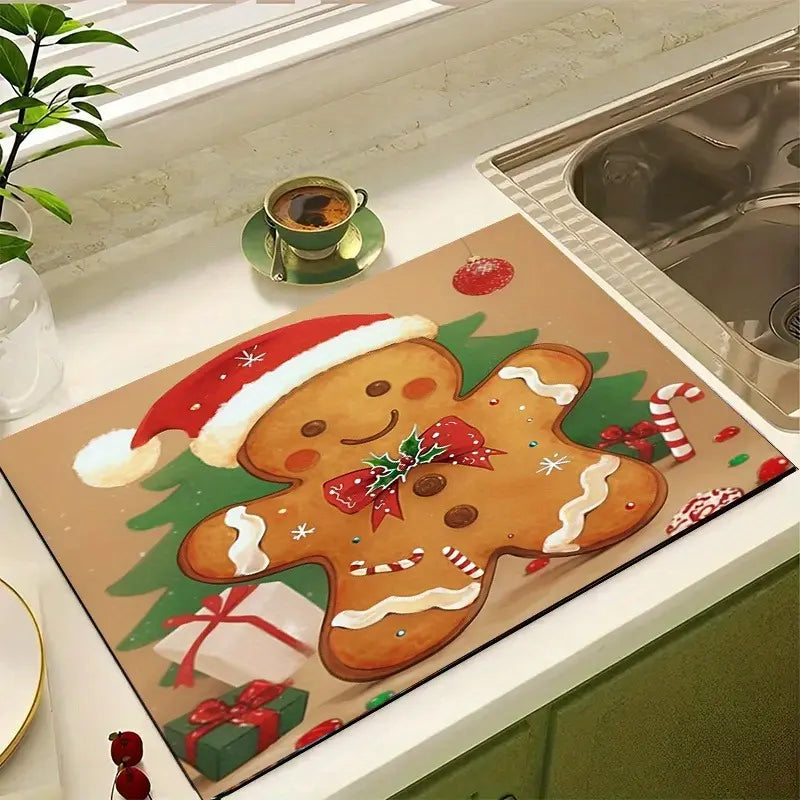 Gingerbread for Man Theme Pattern Dish Drying Mat, Heat Insulation, Practical, Easy to Dry, Wipe Clean, for Coffee Machine, Washing Machine, Home Use Coasters Tableware christmas home decor