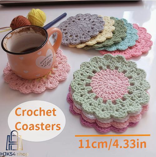 4pcs Handmade Boho Cottagecore Round Crochet Cotton Kitchen Drink Coasters - Rustic Scalloped Edge, Floral Design, Decorative Home Decor Items for Coffee/Tea Cups, Protects Table from Spills, Sohochic