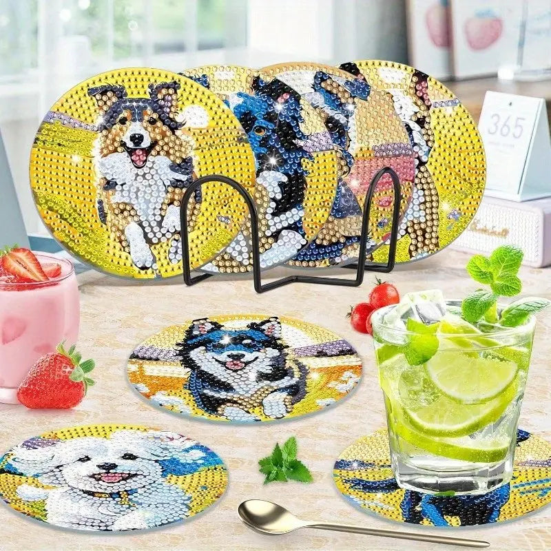 8-Piece Diamond Art Coaster Set with Stand, DIY Dog Pattern Diamond Art Coasters, Beginner-Friendly Diamond Painting Kit, Perfect Birthday Gift, Tableware