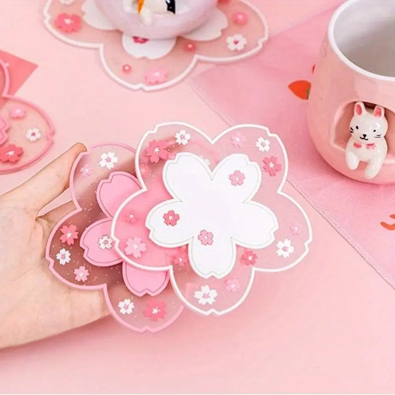 4-Piece Cherry Blossom Coasters, Tableware, Heat-Resistant, Anti-Scald, Spring-Themed, Hangable, Non-Slip, Desk & Office Decor, Various Sizes, Coaster Set, Coasters For Drinks