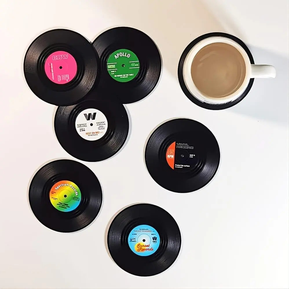 Retro Disc Design Drink Coaster, Round Coaster, Kitchen Coasters, Coasters For Drinks, 6pcs/Set Creative Heat Resistant Non-slip Cup Pads For Home Kitchen Party Table Decor, Kitchen Accessories, Bedroom Decor, Home Decor