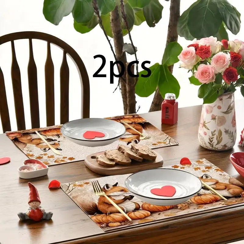 2D flat printing, 2-piece/4-piece/6-piece/8-piece set of autumn fox themed placemats with cute fox and pumpkin designs, including fallen leaf patterns, 12 × 18 inches, suitable for restaurants, kitchens, and various occasions