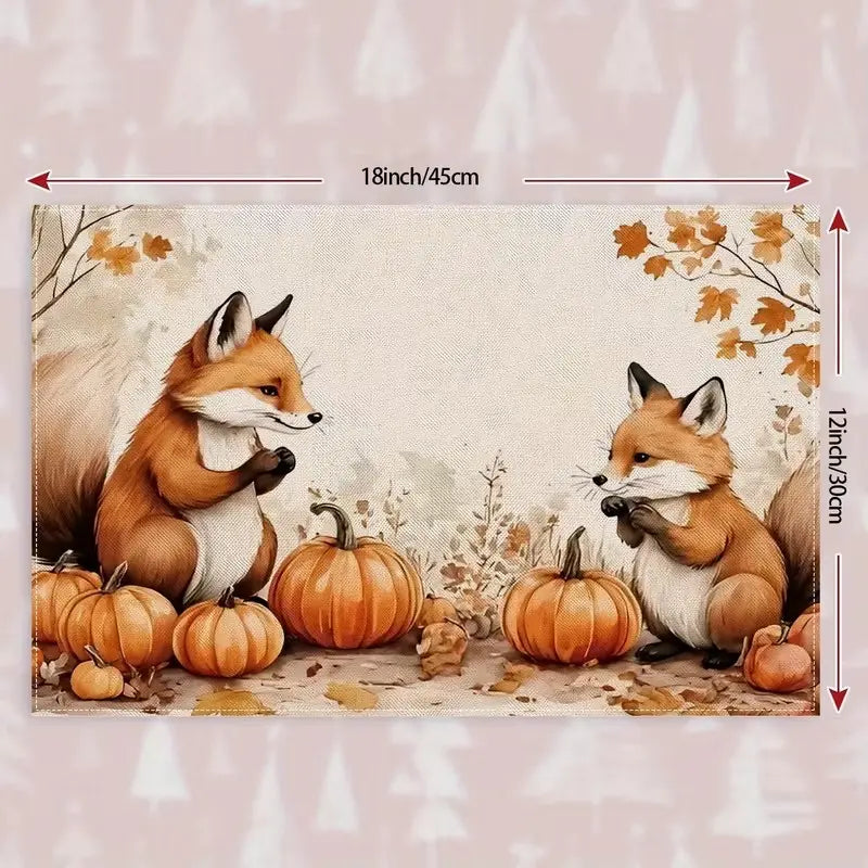 2D flat printing, 2-piece/4-piece/6-piece/8-piece set of autumn fox themed placemats with cute fox and pumpkin designs, including fallen leaf patterns, 12 × 18 inches, suitable for restaurants, kitchens, and various occasions