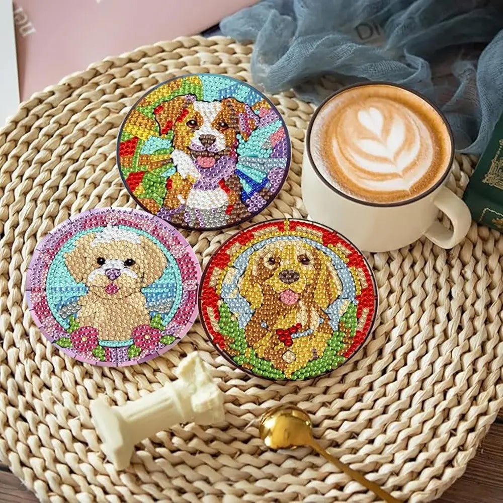 8 pieces/set of diamond art painting coasters for drinks with brackets, DIY animal dog pattern diamond art coasters, suitable for both adults and beginners as diamond painting sets, diamond set craft supplies, exquisite gifts for friends