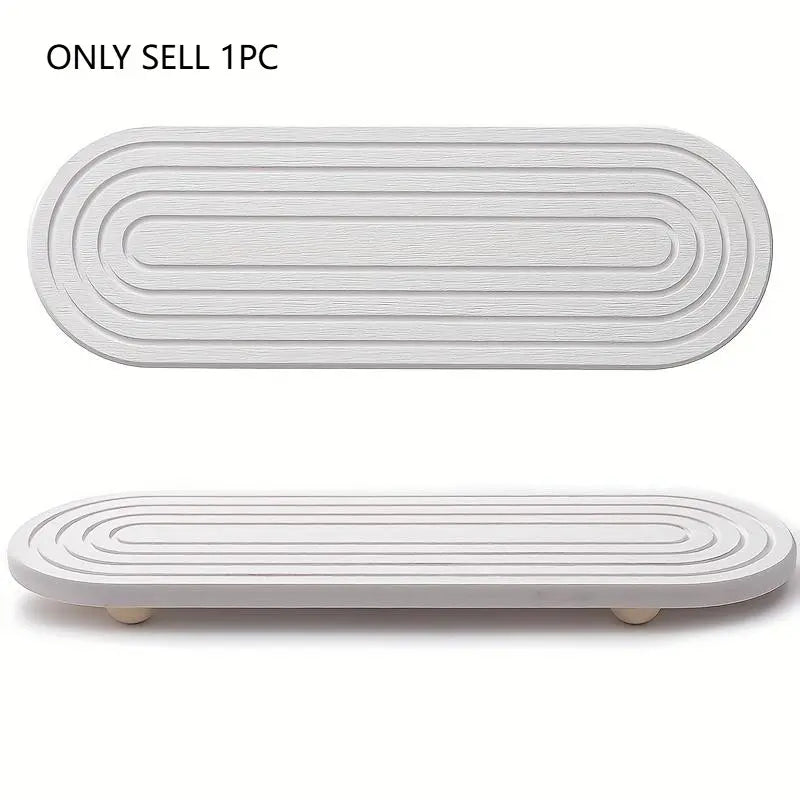 Water-absorbing stone tray for kitchen/bathroom countertops, quick-drying sink rack, Water Absorbent Mat (with wooden feet and natural gourd fiber, gray), Reusable Silicone Mat