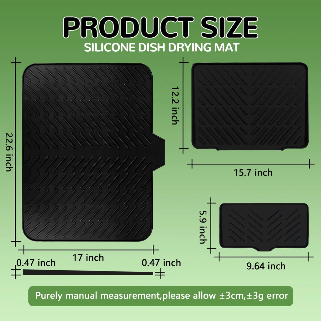 23x17in Modern Rectangle Silicone Dish Drying Mat with Matching Soap Dish Set, Sturdy Gray Desk Counter Protector, Waterproof Heat Resistant Indoor Tableware Organizer with Built-in Drain Lip, Dishwasher Safe (Hand Cleanable)