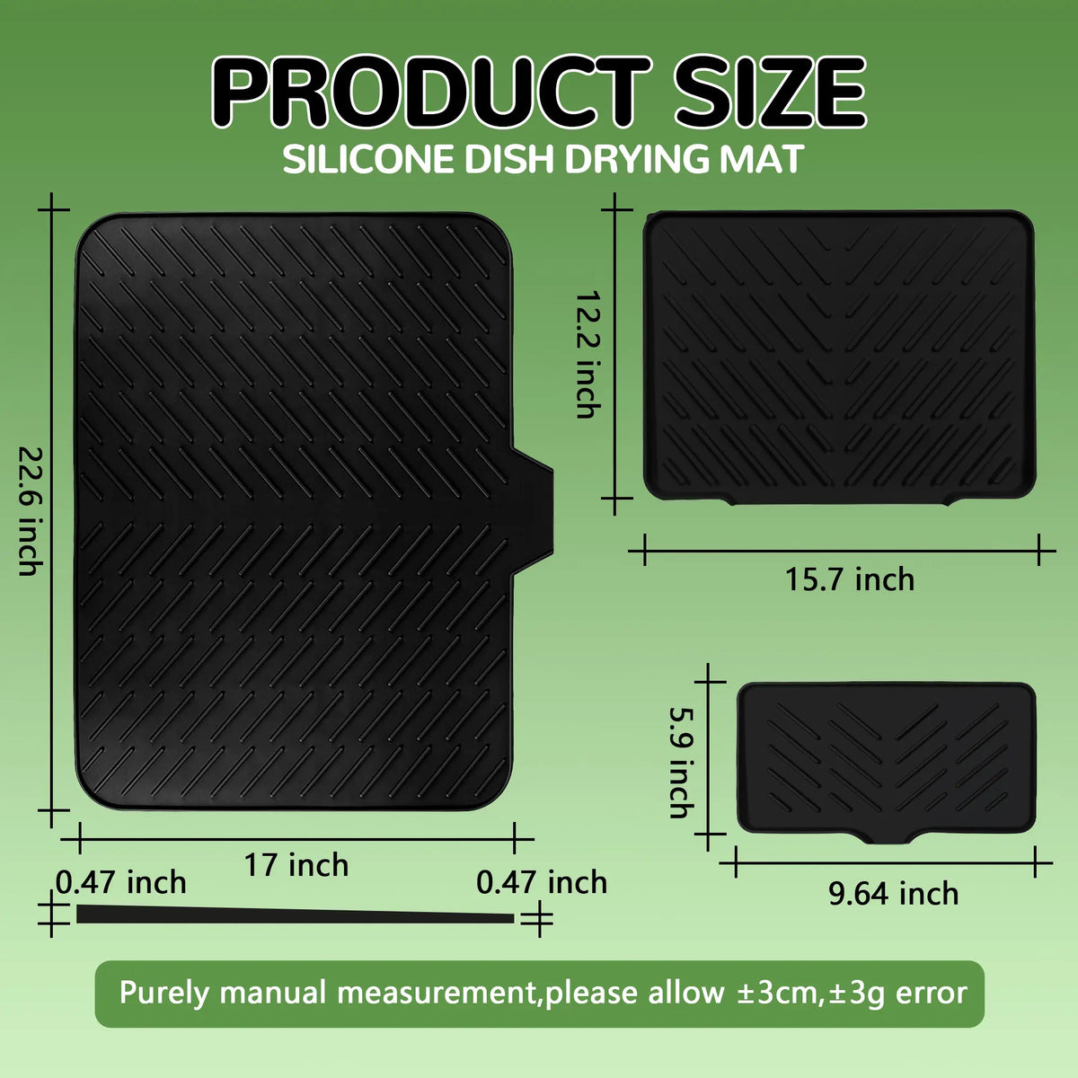 23x17in Modern Rectangle Silicone Dish Drying Mat with Matching Soap Dish Set, Sturdy Gray Desk Counter Protector, Waterproof Heat Resistant Indoor Tableware Organizer with Built-in Drain Lip, Dishwasher Safe (Hand Cleanable)