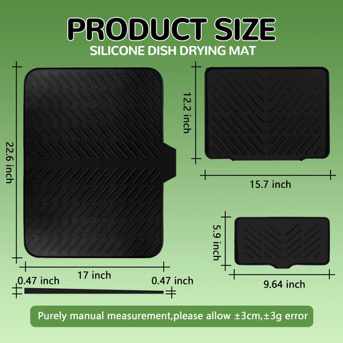 23x17in Modern Rectangle Silicone Dish Drying Mat with Matching Soap Dish Set, Sturdy Gray Desk Counter Protector, Waterproof Heat Resistant Indoor Tableware Organizer with Built-in Drain Lip, Dishwasher Safe (Hand Cleanable)