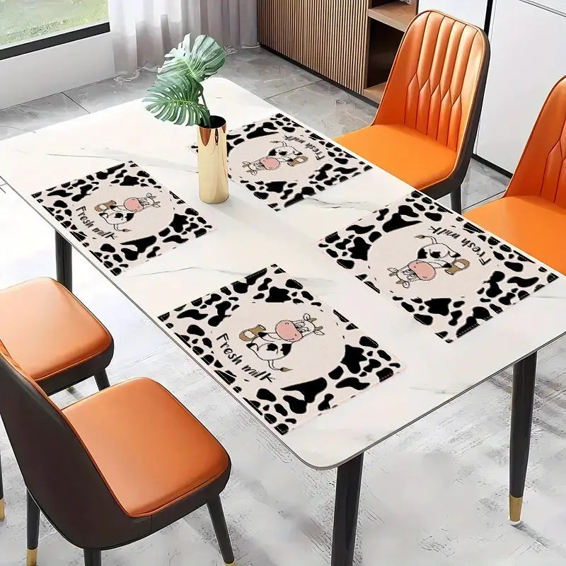 4pcs Linen Cow Print Placemats - 12x18 in Rectangular Lightweight Kitchenware Table Mats for Home Kitchen, Holiday Party Decor