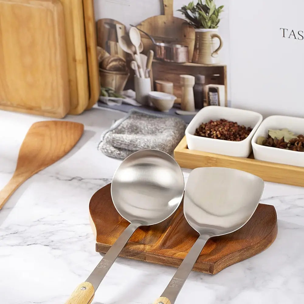 Handcrafted Lightweight Acacia Wood Double Spoon Rest - Natural Grain Organic Wood Kitchen Tableware Holder with Non-Slip Silicone Feet, for Cooking Stove Top, Cutlery, Spatula,sohochic