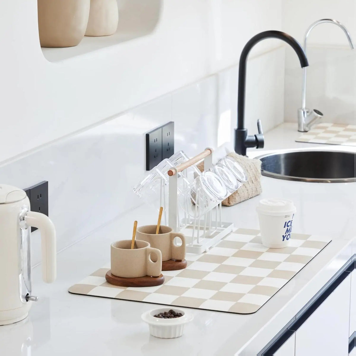 Checkered Dish Drying Mat for Kitchen Countertop Coffee Bar Station Accessories Retro Cute Aesthetic Modern Absorbent Drainer Mat Kitchen Drying Mat Easy Clean Beige 12" x 19" Super Absorbent Anti Slip Backing Durable Versatile Usage