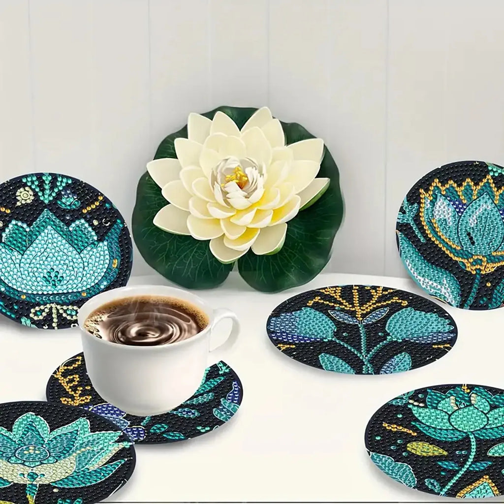 8-Piece Diamond Painted Decorative Coaster Set Lotus Pattern (with Stand), Diamond Painting Coasters, DIY Diamond Art Craft Kit for Beginners, Home Decor Gift
