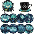 8-Piece Diamond Painted Decorative Coaster Set Lotus Pattern (with Stand), Diamond Painting Coasters, DIY Diamond Art Craft Kit for Beginners, Home Decor Gift