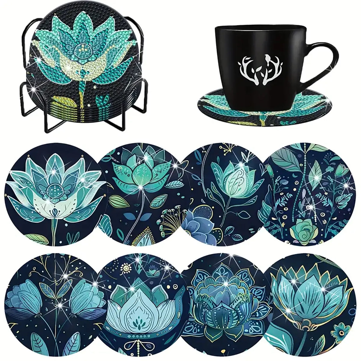 8-Piece Diamond Painted Decorative Coaster Set Lotus Pattern (with Stand), Diamond Painting Coasters, DIY Diamond Art Craft Kit for Beginners, Home Decor Gift