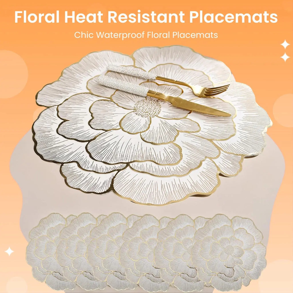 Floral Pattern Placemats, 6 Counts/set Heat-Resistant Non-Slip Dinner Table Mats, Kitchen Decorative Placemat, Kitchen Gadgets, Waterproof Placemat for Home Kitchen, Dining Room or Wedding Party, Valentine's Day Gift, Household Placemat