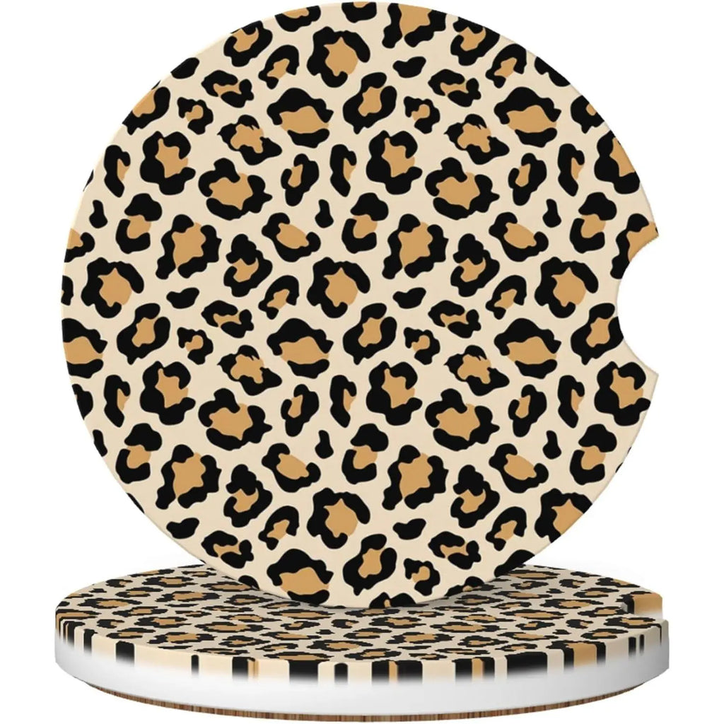 Absorbent  Coasters for Cup Holders, 2 Pack Universal Anti Slip Ceramic Cup Coaster for Women Men 2.56 Inch  Interior Accessories -  Brown Leopard 002
