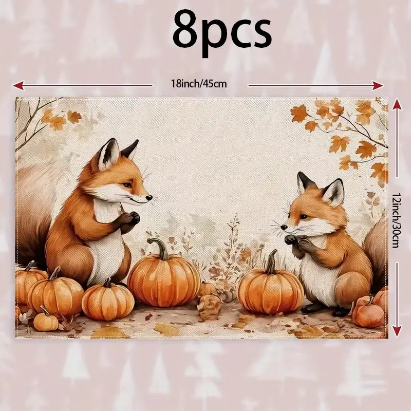 2D flat printing, 2-piece/4-piece/6-piece/8-piece set of autumn fox themed placemats with cute fox and pumpkin designs, including fallen leaf patterns, 12 × 18 inches, suitable for restaurants, kitchens, and various occasions