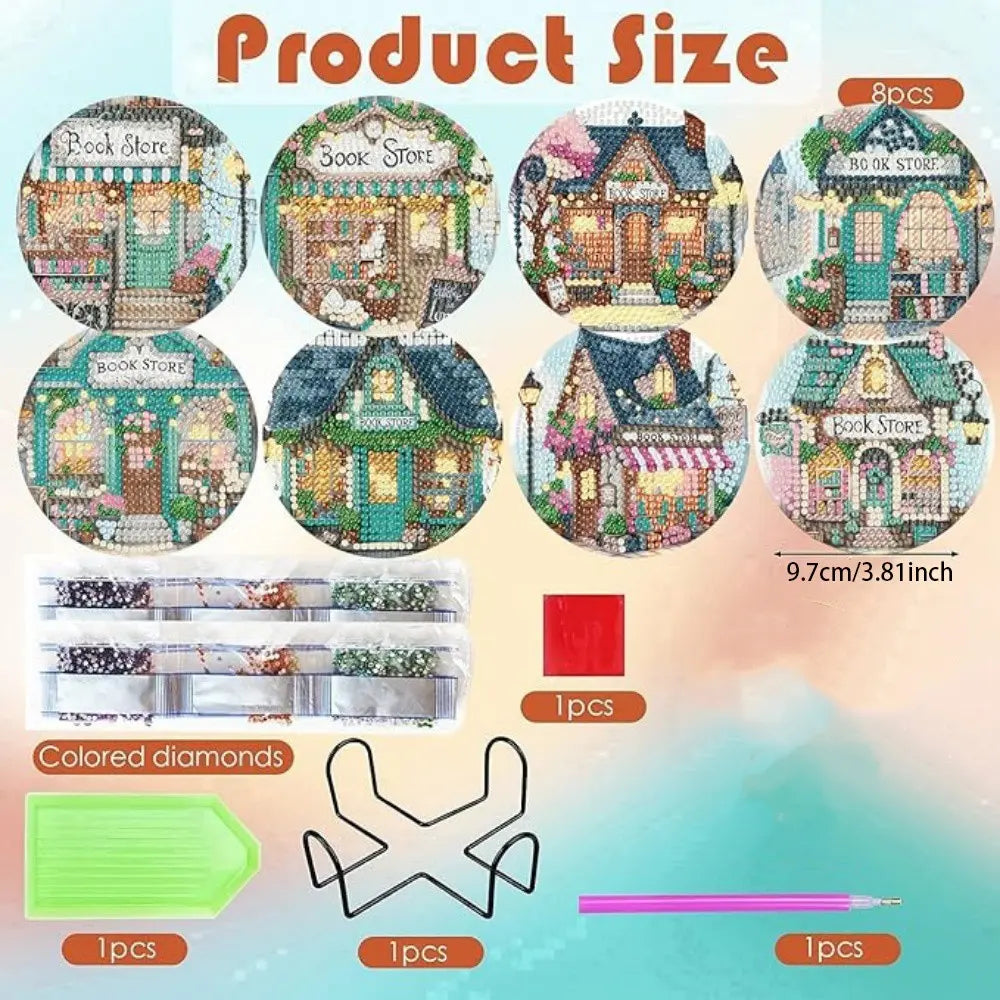 8-Piece Diamond Painting Coaster Set with Stand, Beautiful Pattern Decor for Home, DIY Art Craft Kit for Beginners