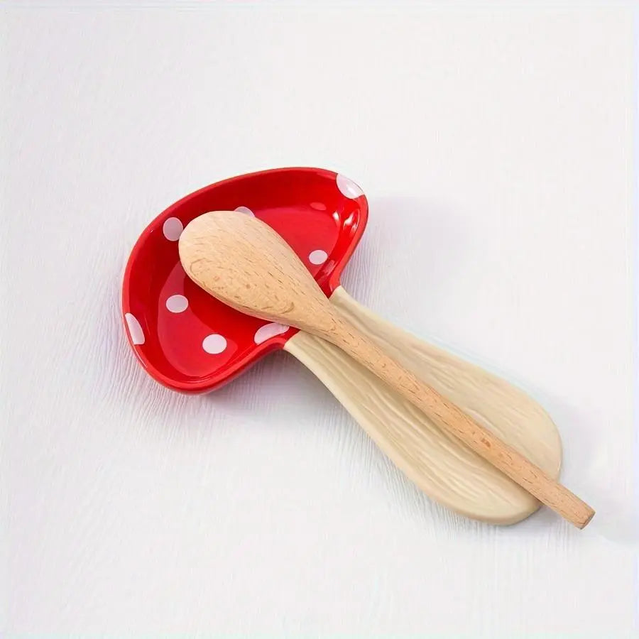 1pc Reusable Ceramic Mushroom Spoon Holder - Cute Red Polka Dot Farmhouse Home Decor Items, Glossy Finish Cutlery Organizer for Soup & Coffee Utensils, Durable Stove Top & Countertop Plastic-Free Kitchen Accessory