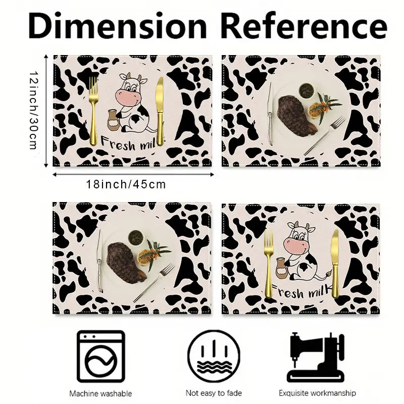 4pcs Linen Cow Print Placemats - 12x18 in Rectangular Lightweight Kitchenware Table Mats for Home Kitchen, Holiday Party Decor