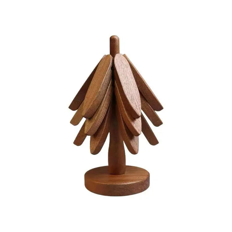 Natural Bamboo Wooden Foldable Trivet Set - 4 Tree Shape Trivets + 1 Stand, Heat Resistant Tableware Coasters for Hot Dishes & Pots, Holiday Gift Kitchenware, Set Includes Unfolded Size Details