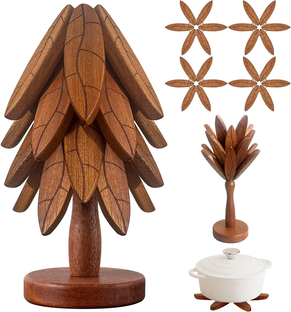 Natural Tree-Shaped Wooden Decorative Trivets Set - 4 Trivets & 1 Stand Keeps Tidy, 450°F Heat Guard Kitchenware, 7.8in High Density Solid Wood Multi-Use Mat for Pots, Pans, Cups, Foldable Textured French Country Birthday Gift Coasters