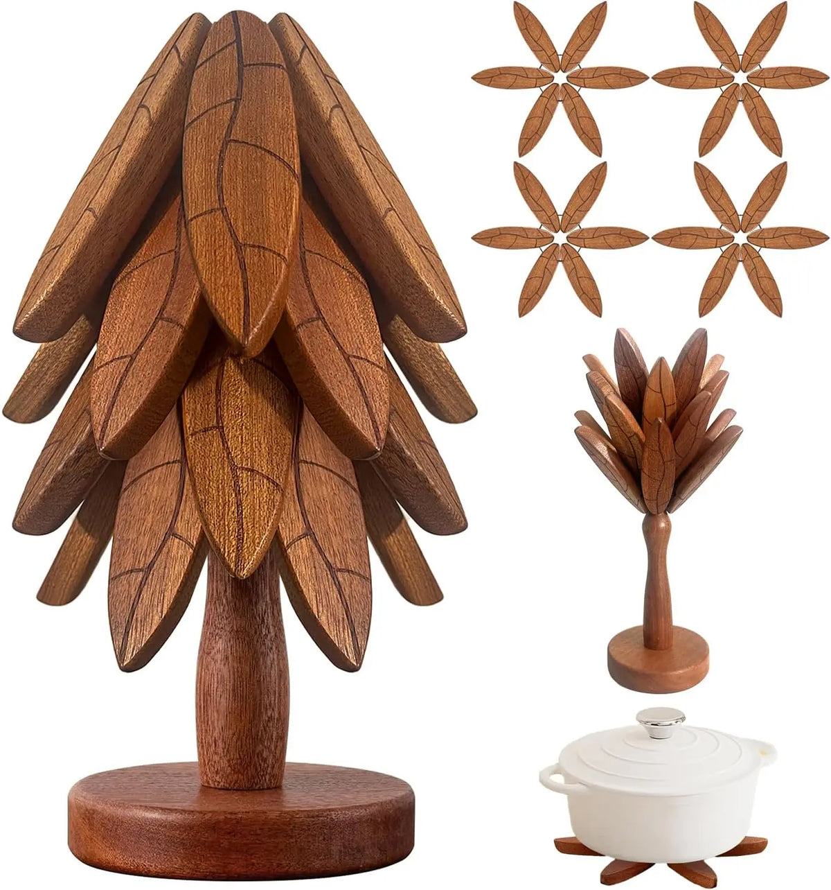 Natural Tree-Shaped Wooden Decorative Trivets Set - 4 Trivets & 1 Stand Keeps Tidy, 450°F Heat Guard Kitchenware, 7.8in High Density Solid Wood Multi-Use Mat for Pots, Pans, Cups, Foldable Textured French Country Birthday Gift Coasters