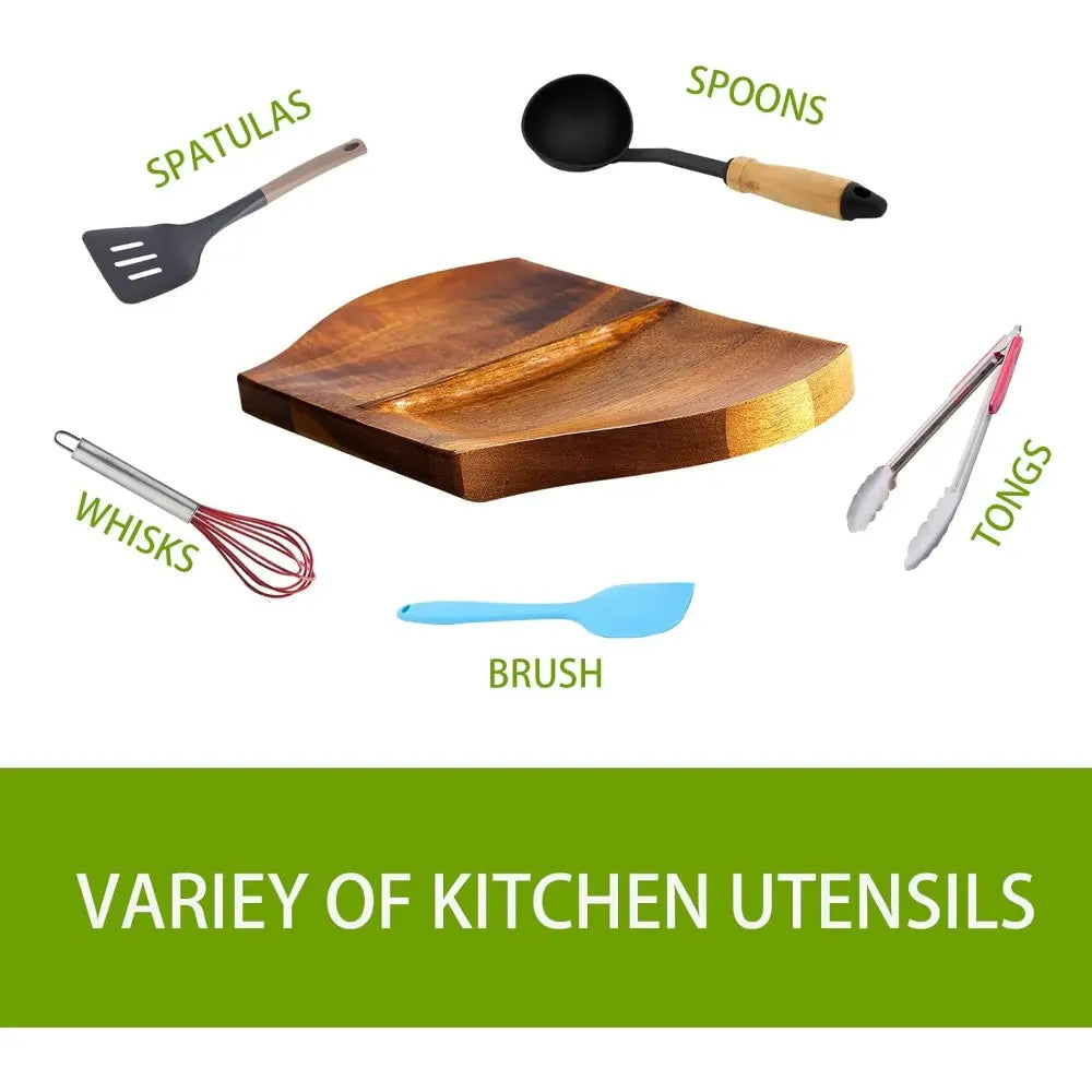 Handcrafted Lightweight Acacia Wood Double Spoon Rest - Natural Grain Organic Wood Kitchen Tableware Holder with Non-Slip Silicone Feet, for Cooking Stove Top, Cutlery, Spatula,sohochic
