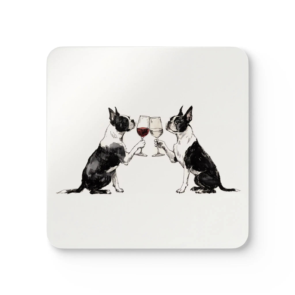 Boston Terriers Watercolour Print Square Coaster Set - 4-Piece 4x4 in Hardboard Base with Gloss Top, Protective Cork, Kitchen Tableware for Coffee Table Use