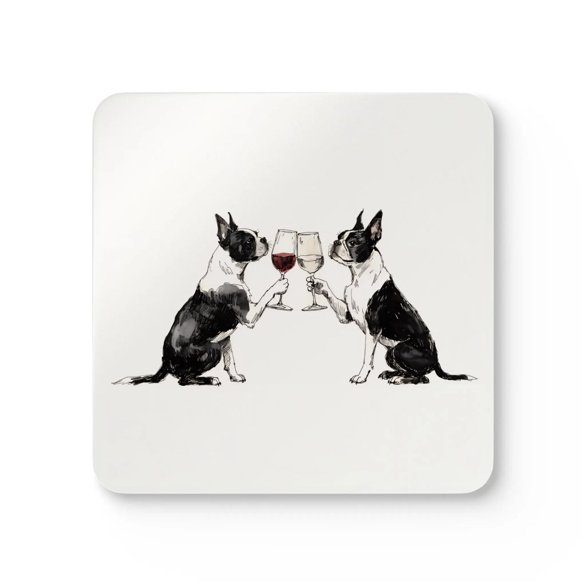 Boston Terriers Watercolour Print Square Coaster Set - 4-Piece 4x4 in Hardboard Base with Gloss Top, Protective Cork, Kitchen Tableware for Coffee Table Use
