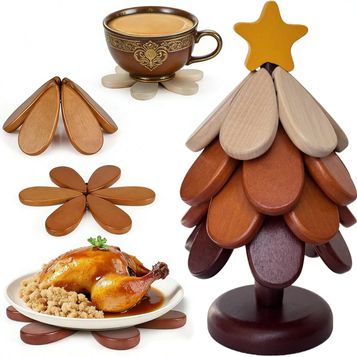 Natural Wood Tree Shape Trivets Set - Heat-Resistant Kitchen Tableware Mats, Foldable Coasters for Hot Dishes, Hot Pots, Holds Cups & Pans, Counter Protection, Holiday Gift