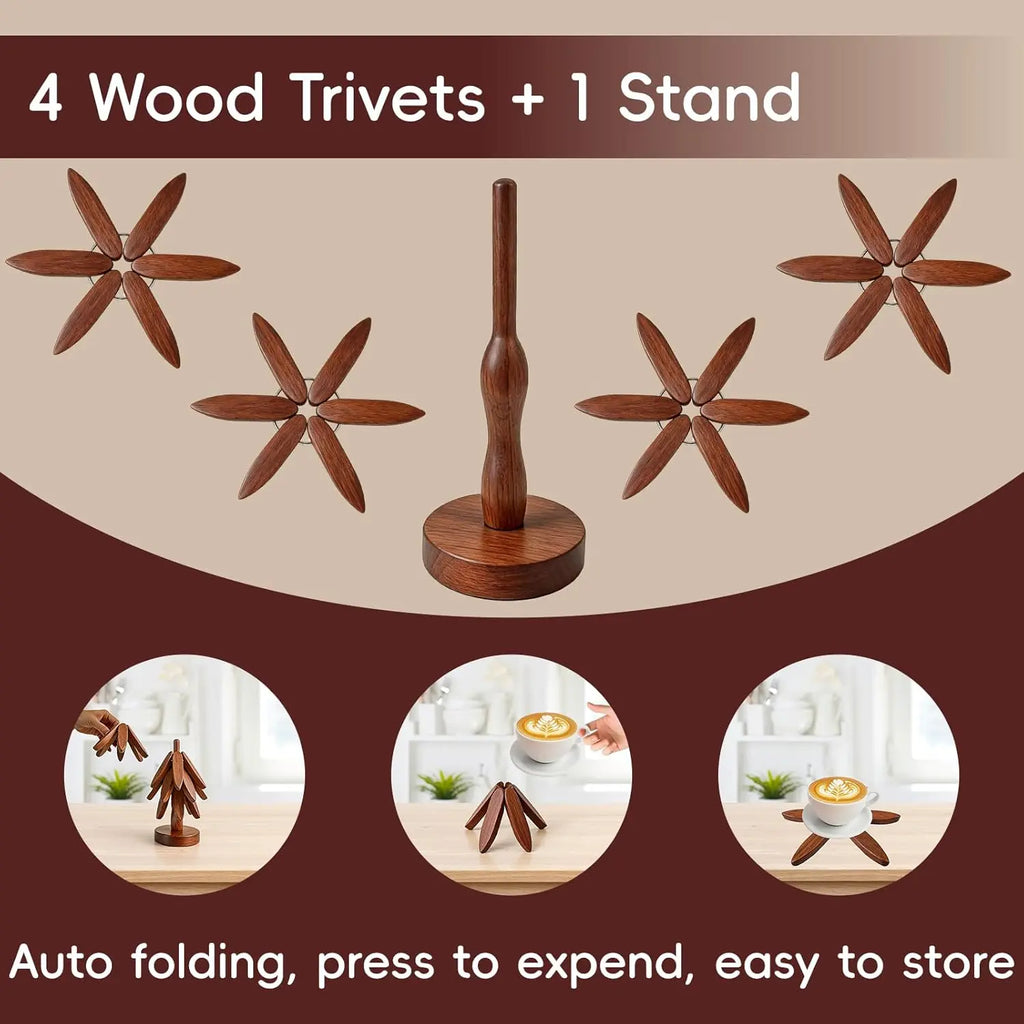Natural Wood Tree Shape Trivets Set - Heat-Resistant Kitchen Tableware Mats, Foldable Coasters for Hot Dishes, Hot Pots, Holds Cups & Pans, Counter Protection, Holiday Gift