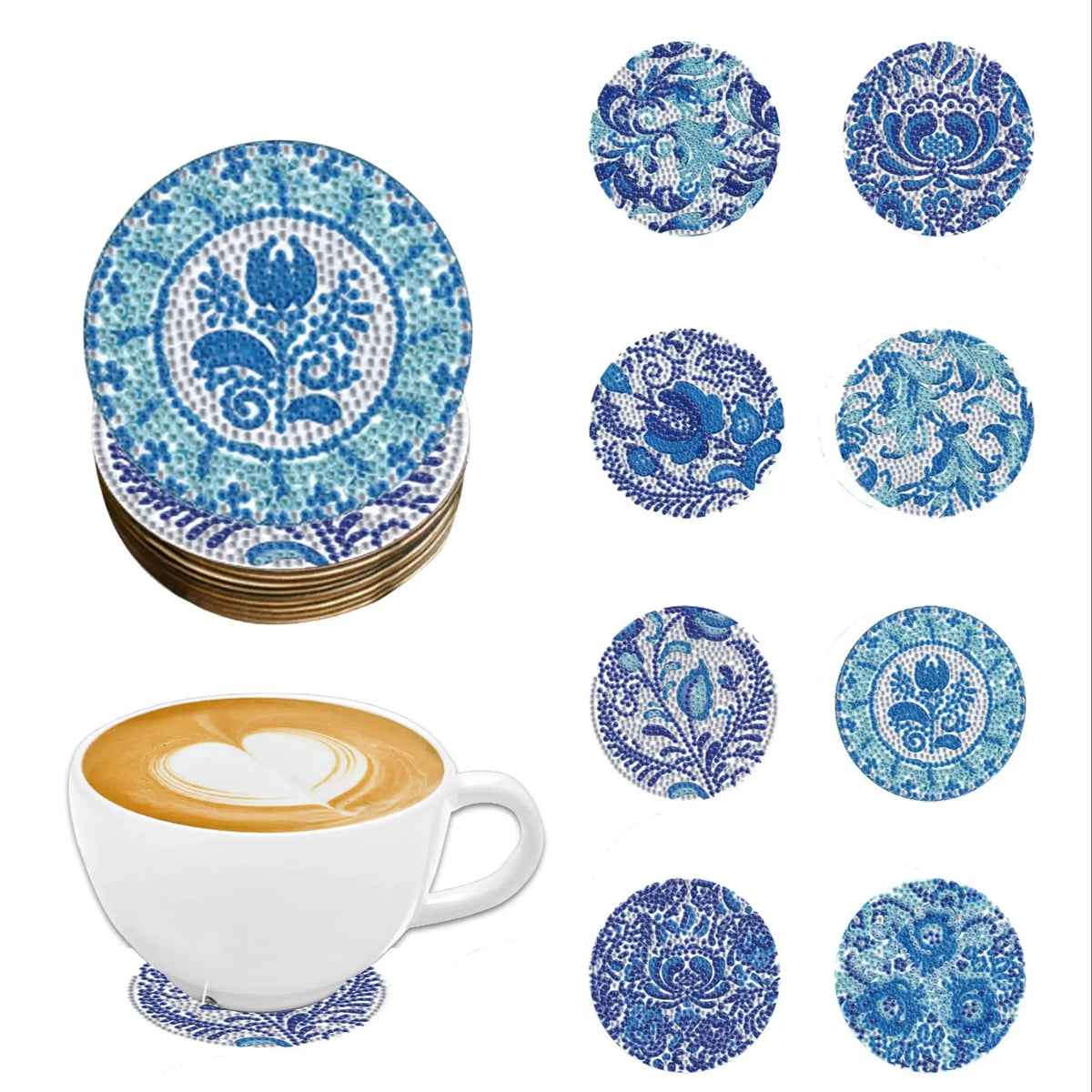 Floral Pattern Wooden Coaster, 8 Counts/set DIY Diamond Painting Coasters Colorful Painting Coaster, Decorative Table Mat for Coffee Cup, Office, Kitchen, Restaurant and Home