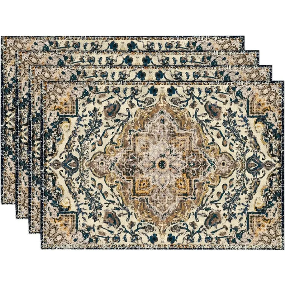 4-Piece Polyester Placemat & Coaster Set - Stylish Indoor Bohemian Colorful 12x18" Vibrant Orange Teal Floral, Hemmed & Reinforced Edges, Stainproof, Wrinkle-Proof, Durable Kitchen Tableware for Home Receptions, Dining Decoration