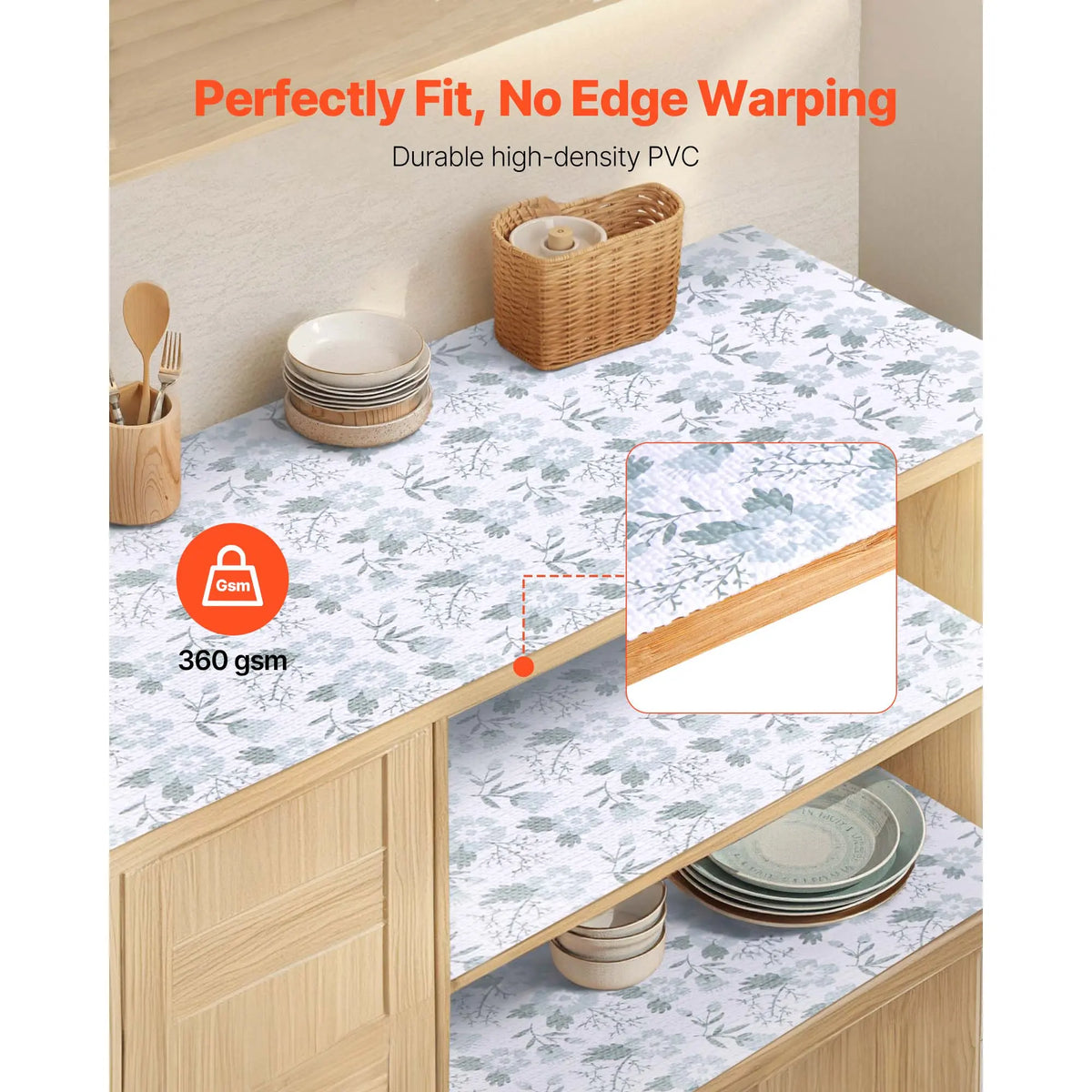 【Fallpicks】VEVOR Non-Adhesive Non-Slip Thick High-Density PVC Drawer & Shelf Liner, Waterproof Classic Food-Safe Flat Mat, Glass/Wood/Metal Ok, 23 FT for Kitchen Cabinets & Refrigerators (Flowers Design Coasters Alternative)