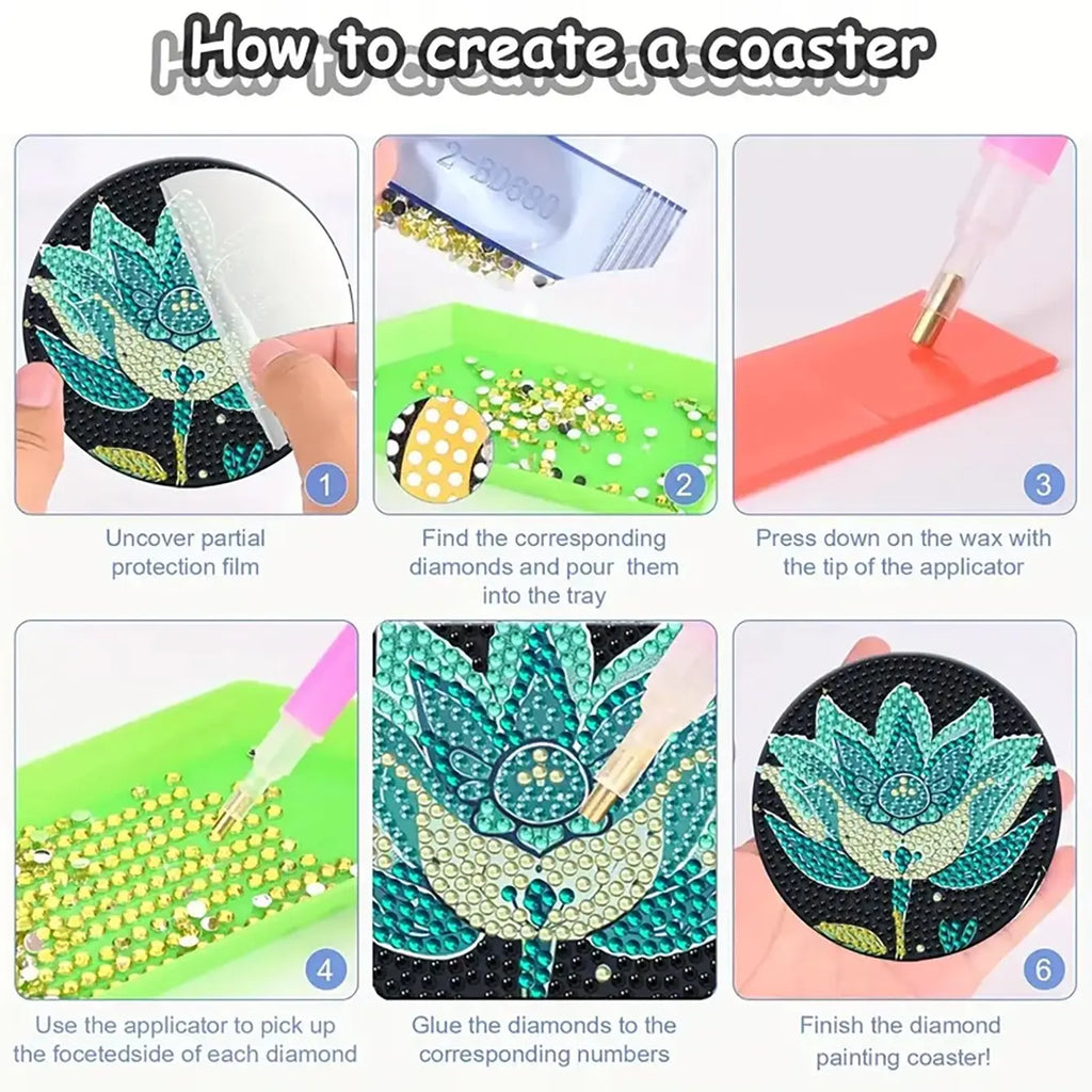 8-Piece Diamond Painted Decorative Coaster Set Lotus Pattern (with Stand), Diamond Painting Coasters, DIY Diamond Art Craft Kit for Beginners, Home Decor Gift