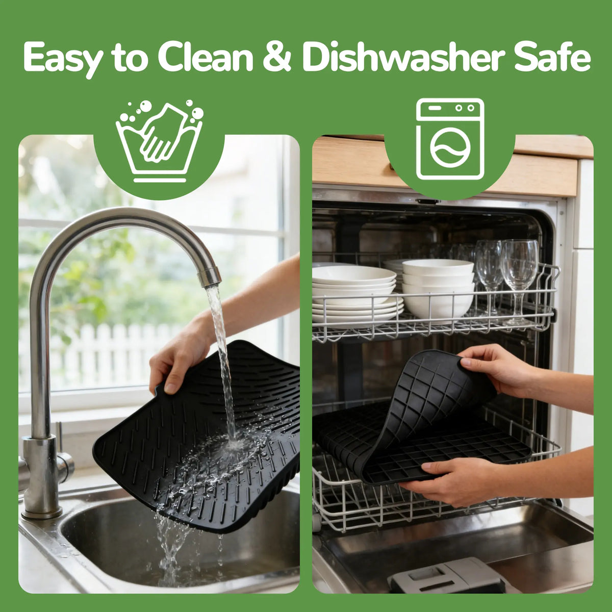 23x17in Modern Rectangle Silicone Dish Drying Mat with Matching Soap Dish Set, Sturdy Gray Desk Counter Protector, Waterproof Heat Resistant Indoor Tableware Organizer with Built-in Drain Lip, Dishwasher Safe (Hand Cleanable)
