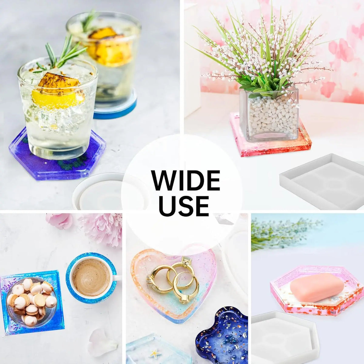 LotFancy Resin Coaster Molds - 5 Pcs Thick Silicone Molds for Resin Casting with 12 Colors Chunky Glitter, Large Round, Square, Hexagon, Heart & Flower Epoxy Molds for DIY Cup Mats, Home Decor & Gifts
