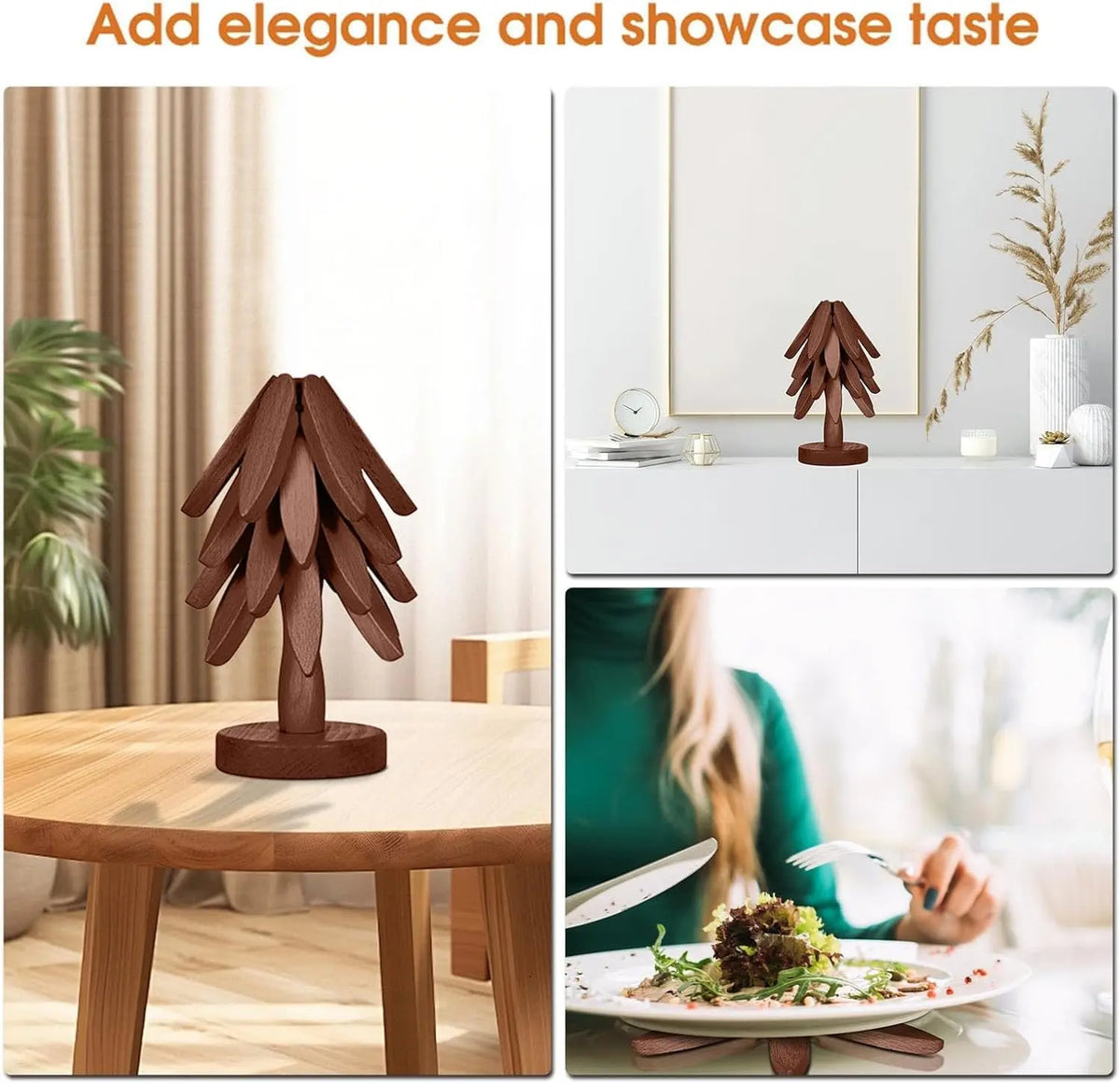 Natural Tree-Shaped Wooden Decorative Trivets Set - 4 Trivets & 1 Stand Keeps Tidy, 450°F Heat Guard Kitchenware, 7.8in High Density Solid Wood Multi-Use Mat for Pots, Pans, Cups, Foldable Textured French Country Birthday Gift Coasters