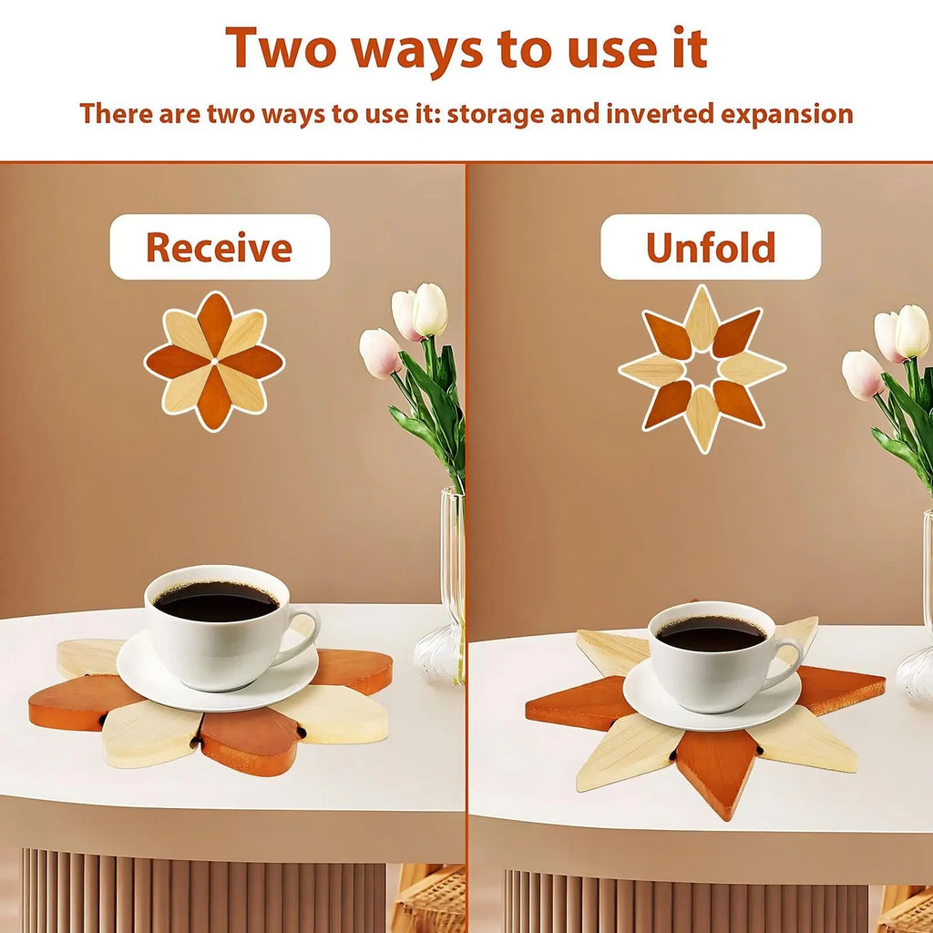 Wooden Style Flower Shape Heat Resistant Trivet Mat, Decorative Foldable Pot Holder Pad, Multi-Use Kitchen Coaster, Hot Dish Coasters, Wood Coasters, Unique Housewarming Gift