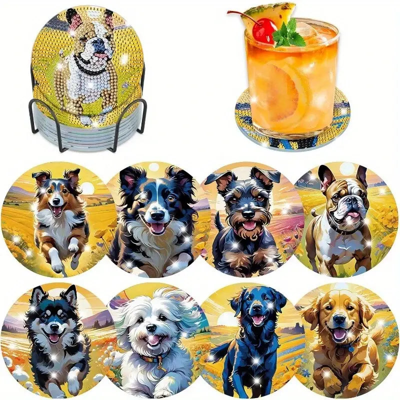 8-Piece Diamond Art Coaster Set with Stand, DIY Dog Pattern Diamond Art Coasters, Beginner-Friendly Diamond Painting Kit, Perfect Birthday Gift, Tableware